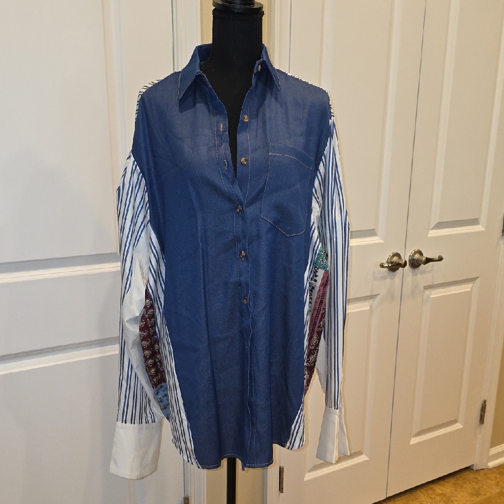 ICON Women's Denim and Striped Casual Shirt